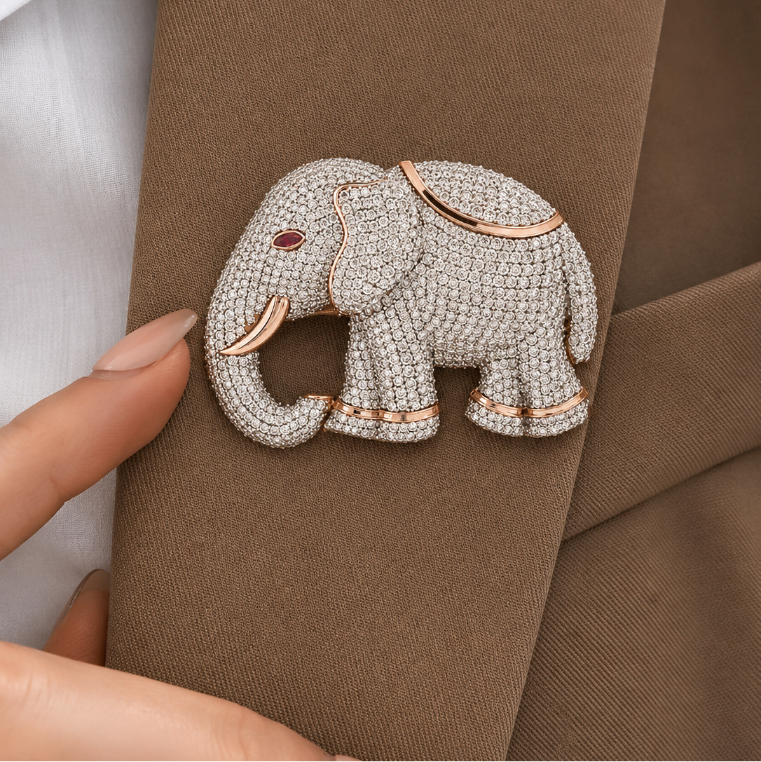 Majestic Pave Diamond Elephant Brooch