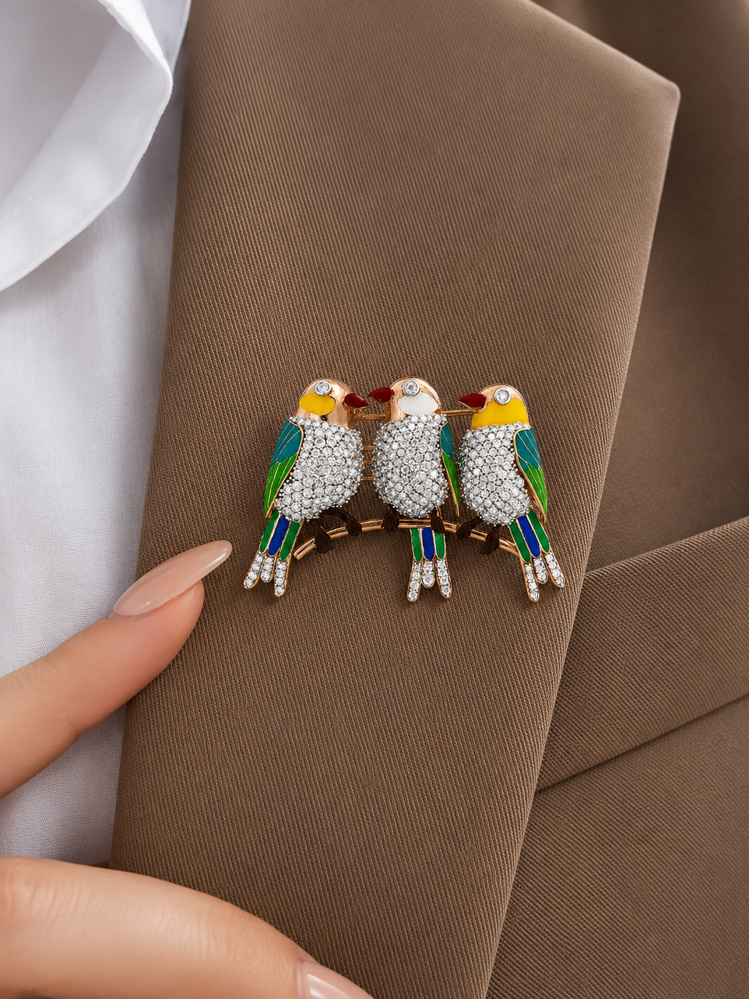 Trio of Vibrant Perched Songbirds Brooch