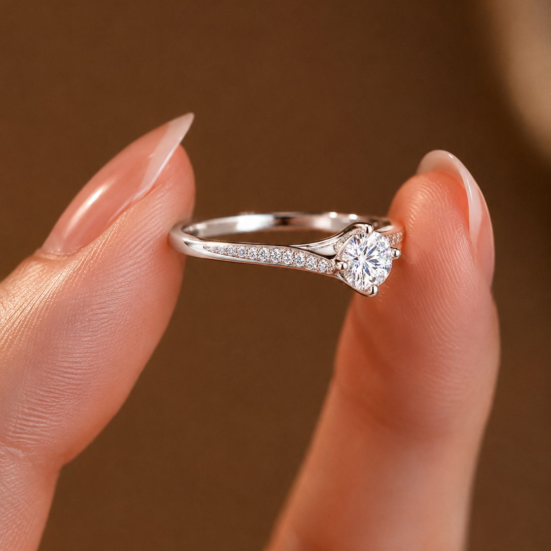 Graceful Pavé-Shoulder Solitaire Engagement Ring