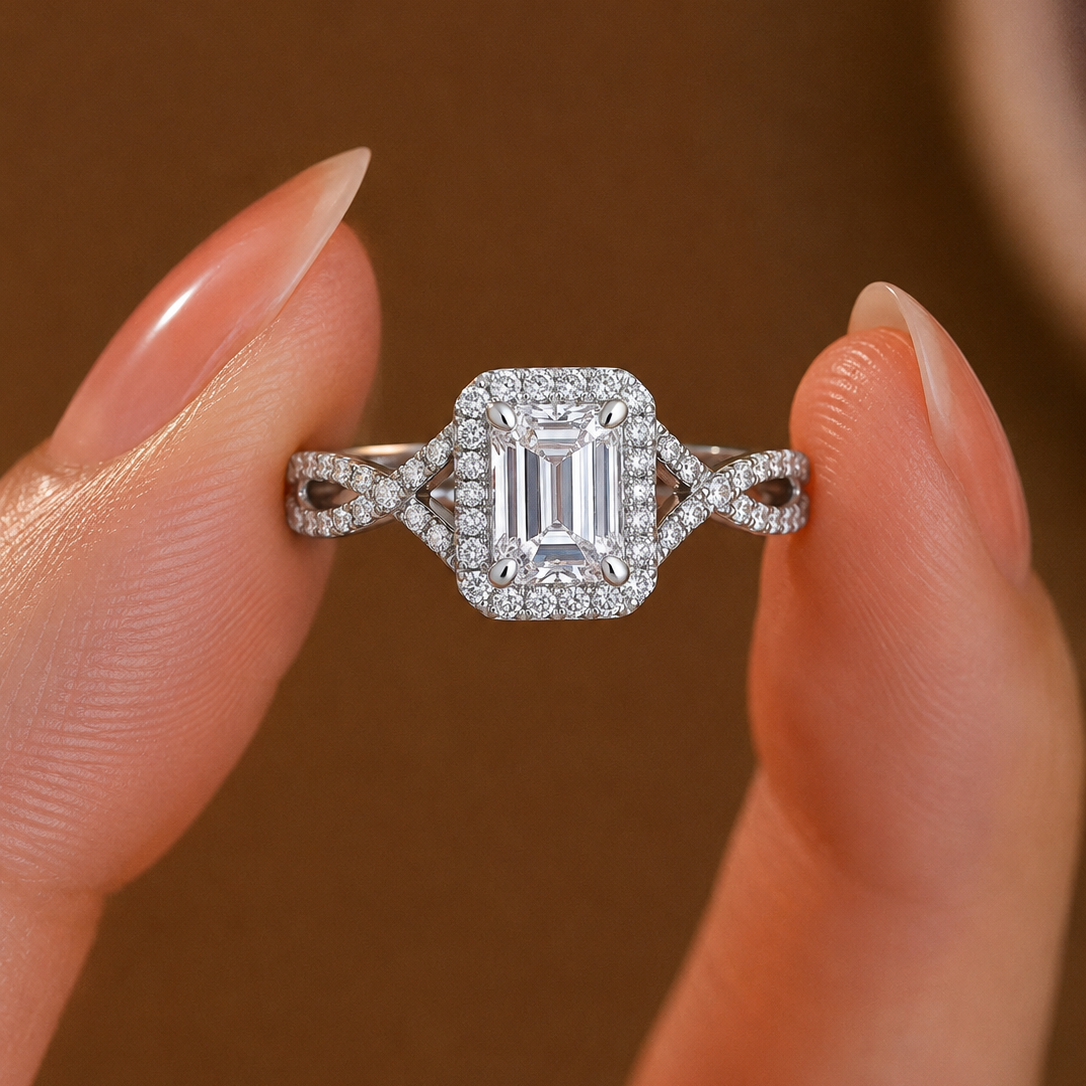 Elegant Emerald-Cut Halo Split-Shank Engagement Ring