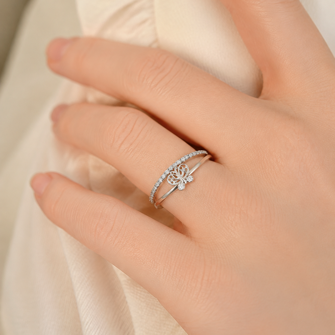 Whimsical Butterfly Double-Band Silver Ring