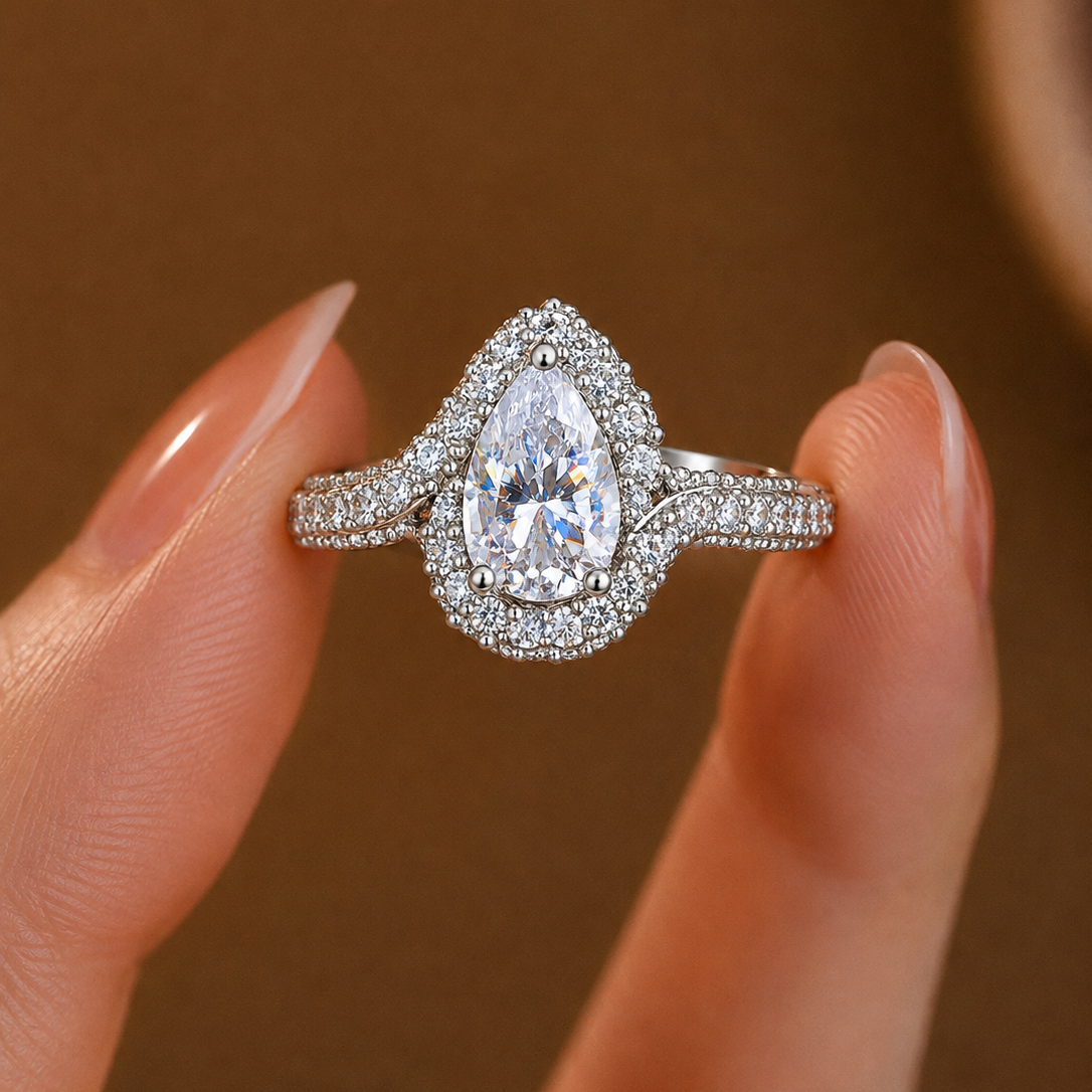 Radiant Pear-Cut Halo Swirl Diamond Ring