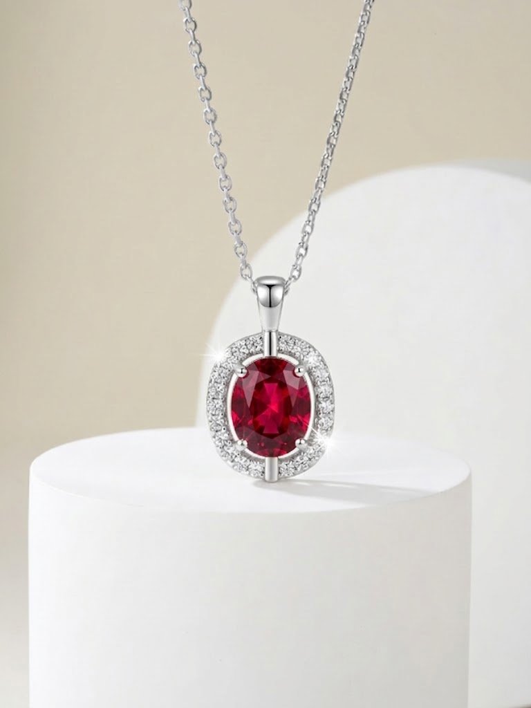 Oval Ruby Halo Statement Pendant