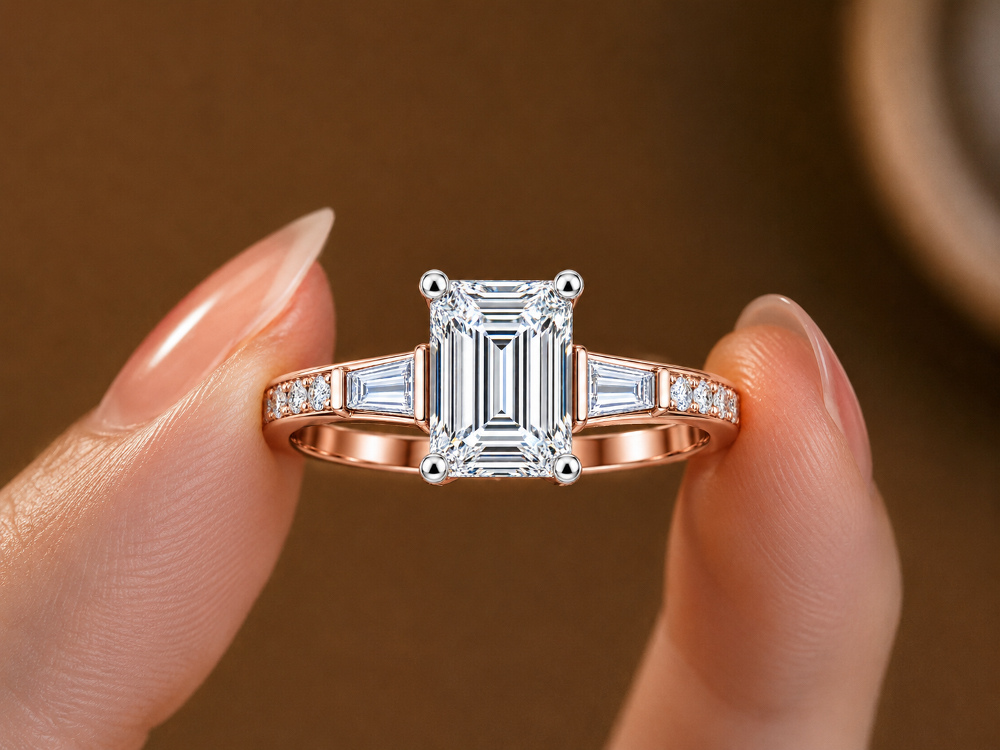 Classic Three-Stone Emerald and Baguette-Cut Ring