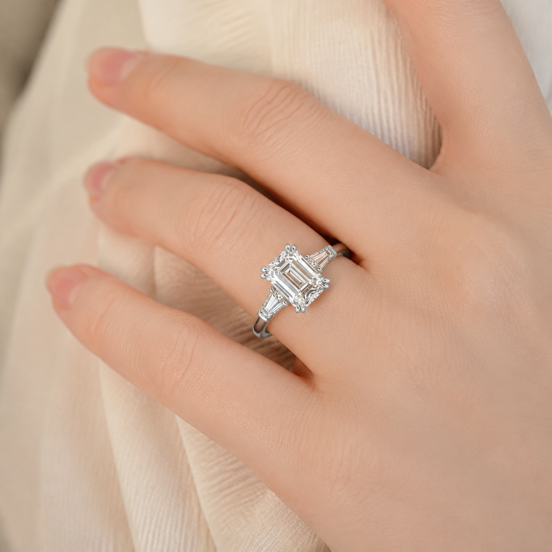 Vintage Emerald-Cut Three-Stone Ring with Tapered Baguettes