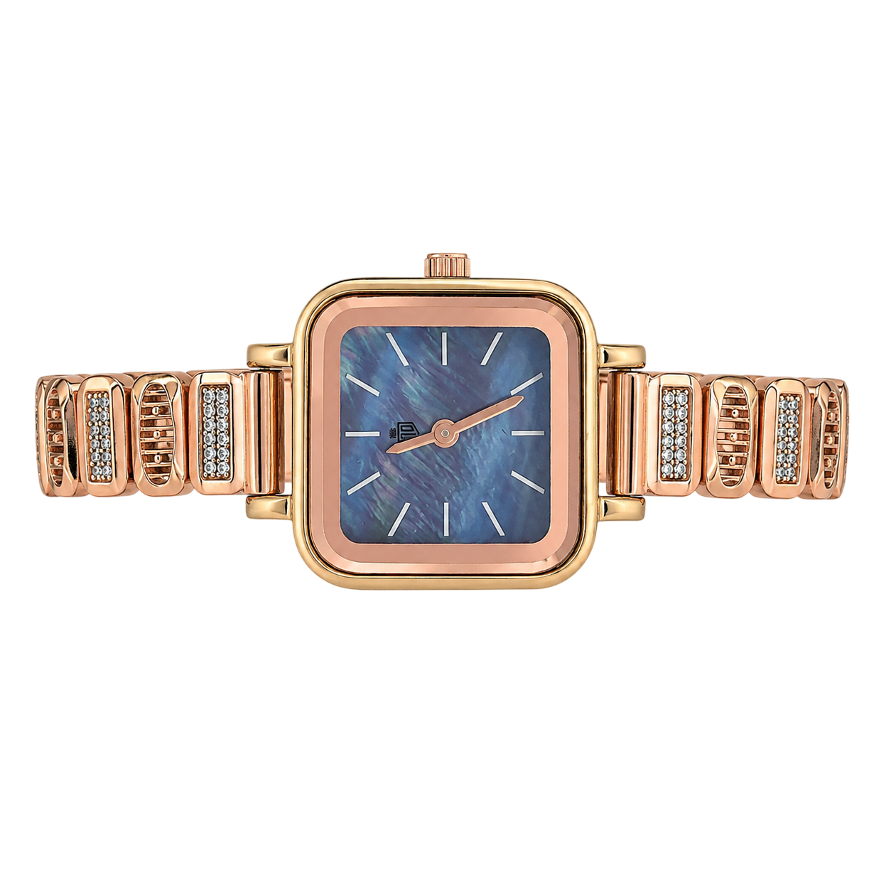 Blue Mother-of-Pearl Square-Case Crystal Ladies Wristwatch