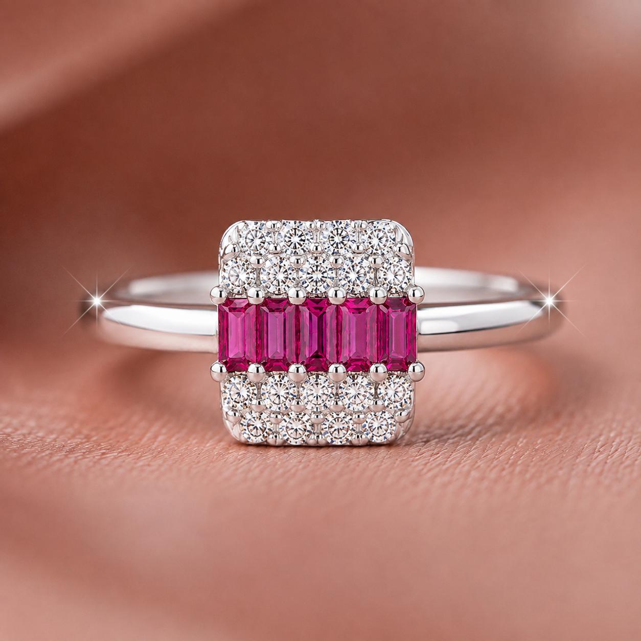Vibrant Ruby and Diamond Cluster Silver Ring