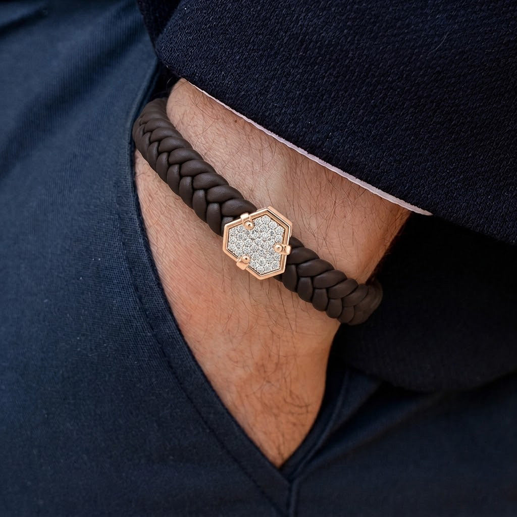 Elegant Hexagonal Stone-Studded Leather Bracelet