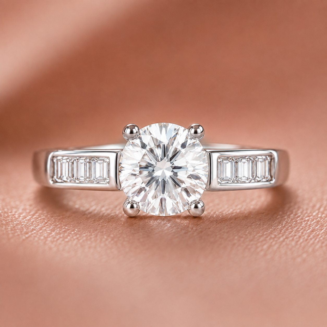 Brilliant Round Solitaire Ring with Channel-Set Baguettes