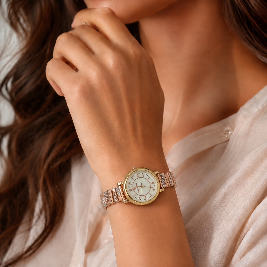 Piere Rene Elegant Rose Gold & Crystal Ladies Wristwatch