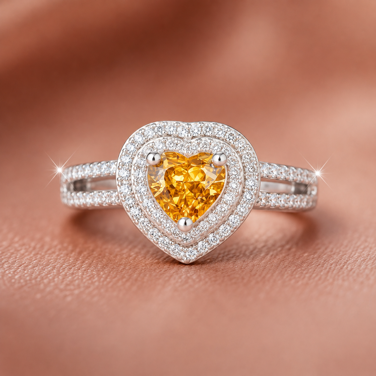 Golden Heart Double-Halo Silver Ring