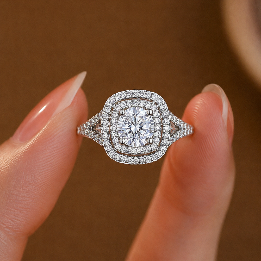 Magnificent Double-Halo Split-Shank Diamond Ring