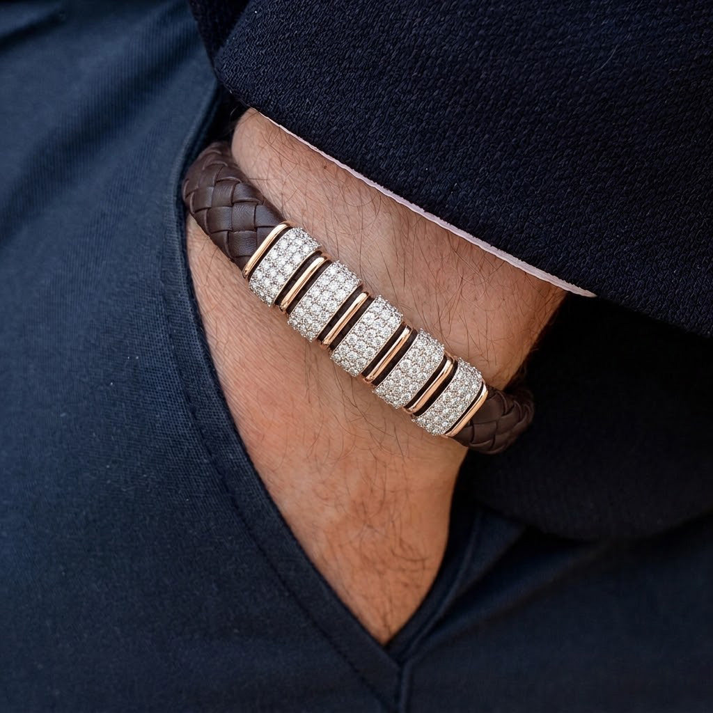 Sophisticated Dark Brown Leather and Pave-Set Bracelet