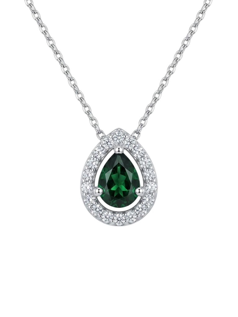Regal Pear-Cut Emerald Halo Pendant Necklace