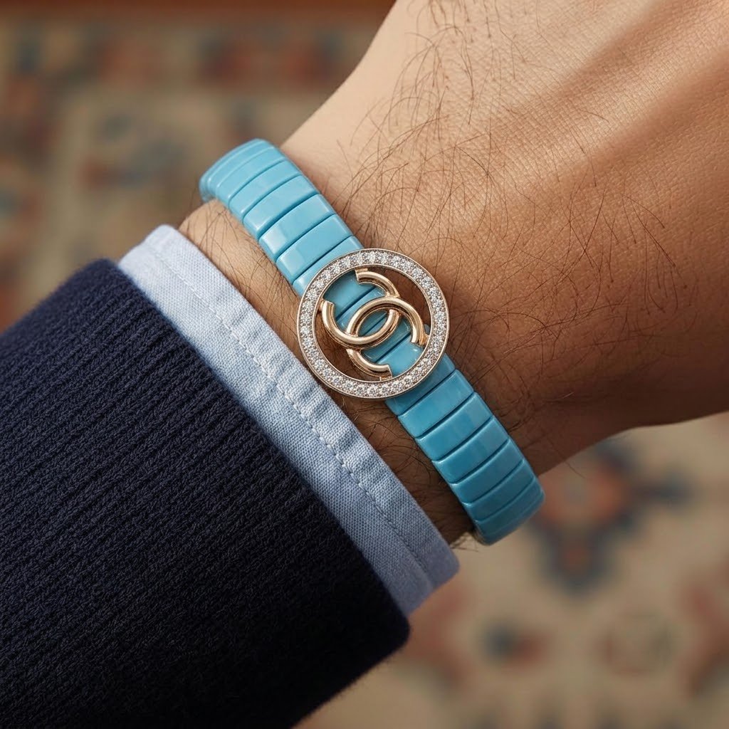 Vibrant Turquoise Ceramic & Logo Statement Bracelet