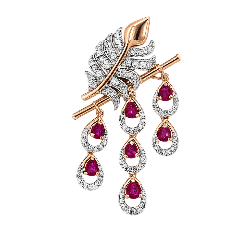 Divine Flute and Peacock Feather Ruby Brooch