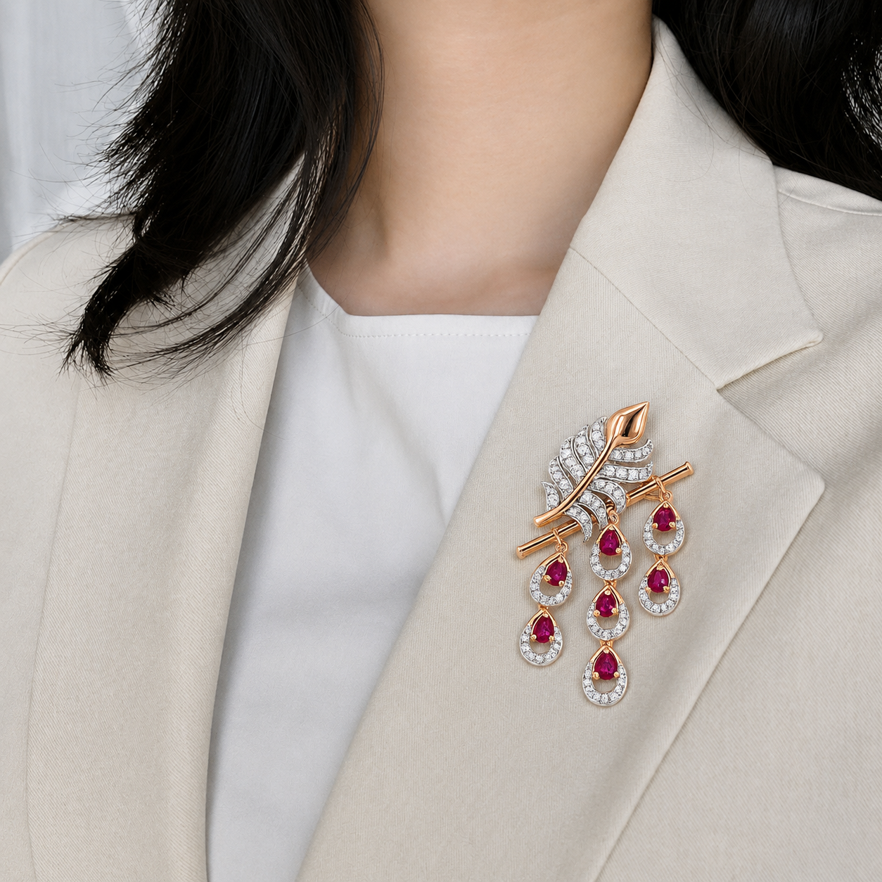 Divine Flute and Peacock Feather Ruby Brooch
