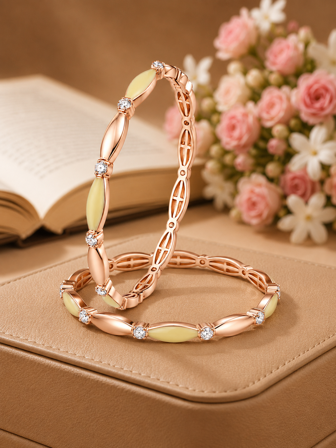 Ivory Accent & Crystal Rose Gold Designer Bangles