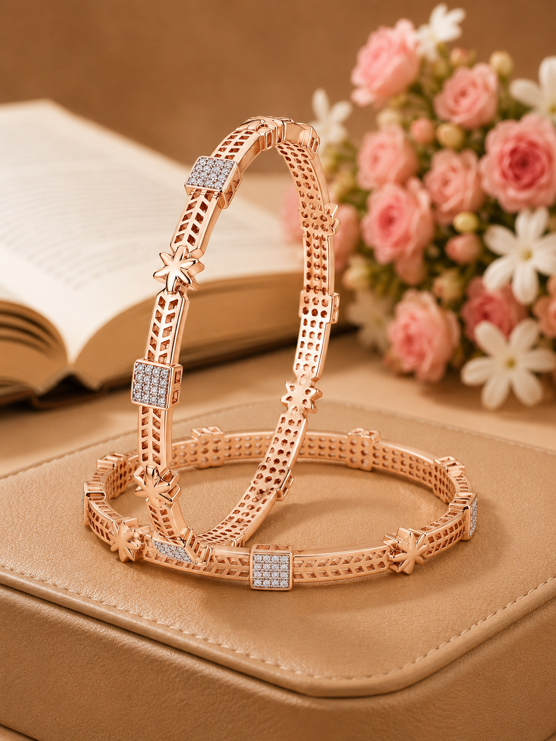 Ornate Floral Motif & Pave-Set Rose Gold Designer Bangles
