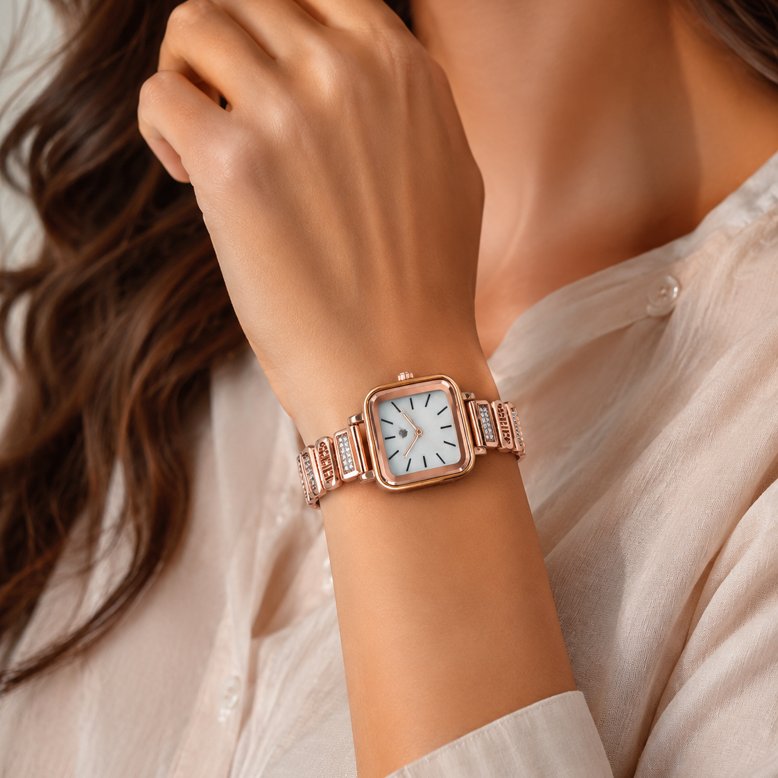 Modern Geometric Square-Case Crystal Ladies Wristwatch
