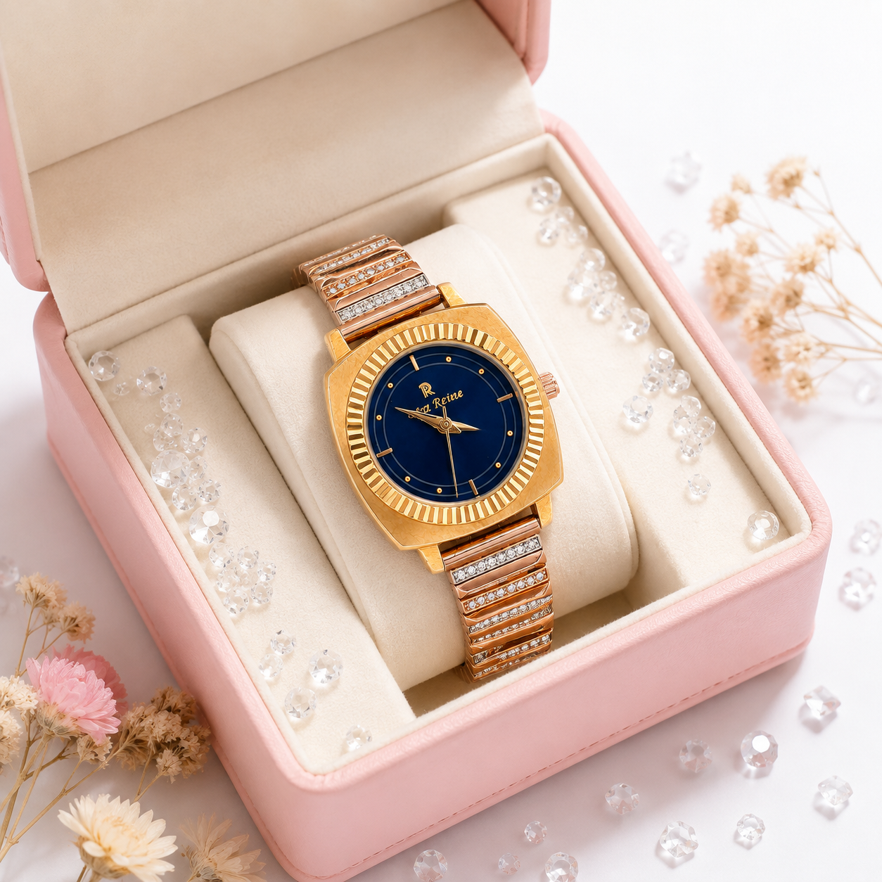 Piere Reine Deep Blue Dial Fluted Bezel Crystal Ladies Wristwatch