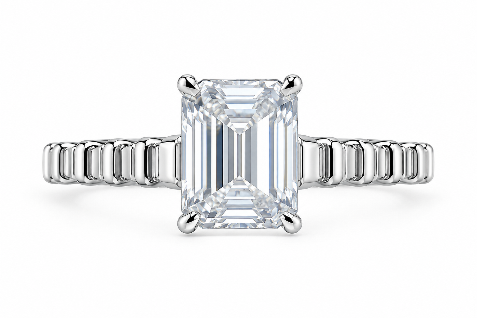 Architectural Ribbed Band Emerald-Cut Solitaire Ring