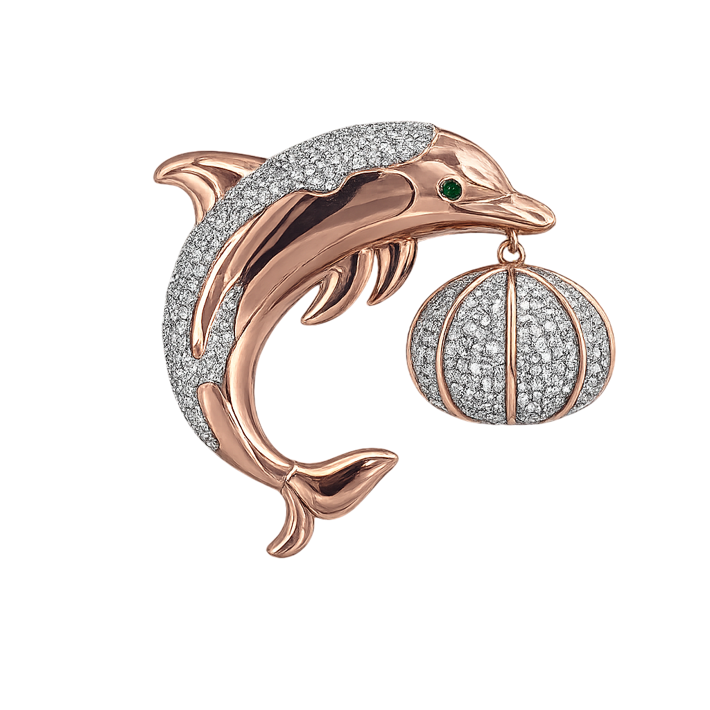 Whimsical Pave-Diamond and Rose Gold Dolphin Brooch