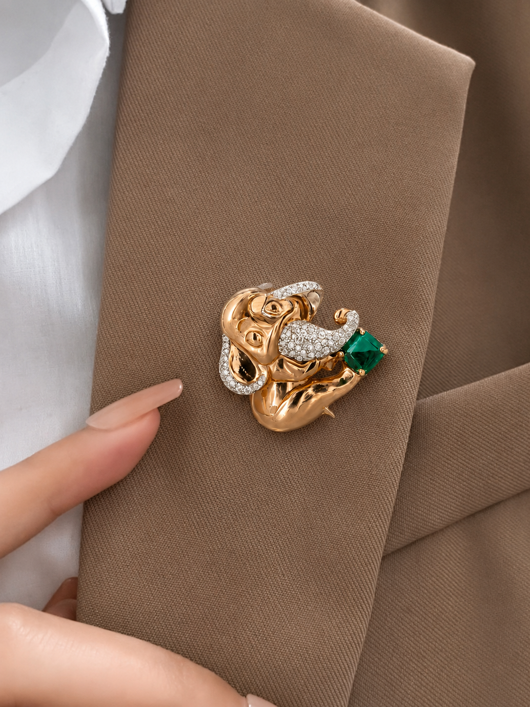 Regal Rose Gold and Emerald Ganesha Brooch