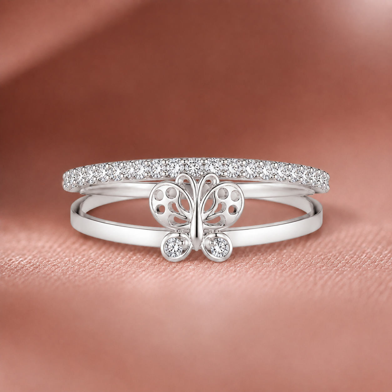 Whimsical Butterfly Double-Band Silver Ring