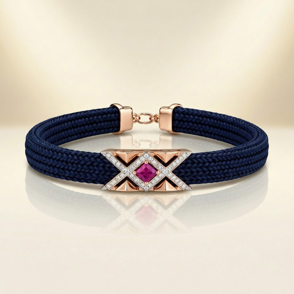Sophisticated Navy Braided Cord and Ruby-Tone Geometric Bracelet