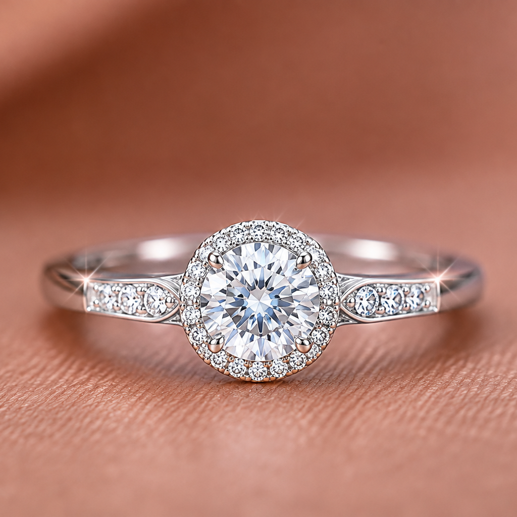 Halo Round Brilliant Diamond Engagement Ring with Pavé Accent Shoulders