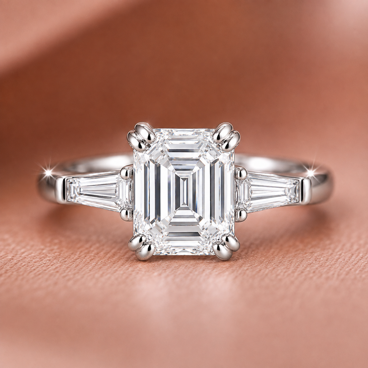 Sophisticated Emerald-Cut Three-Stone Engagement Ring