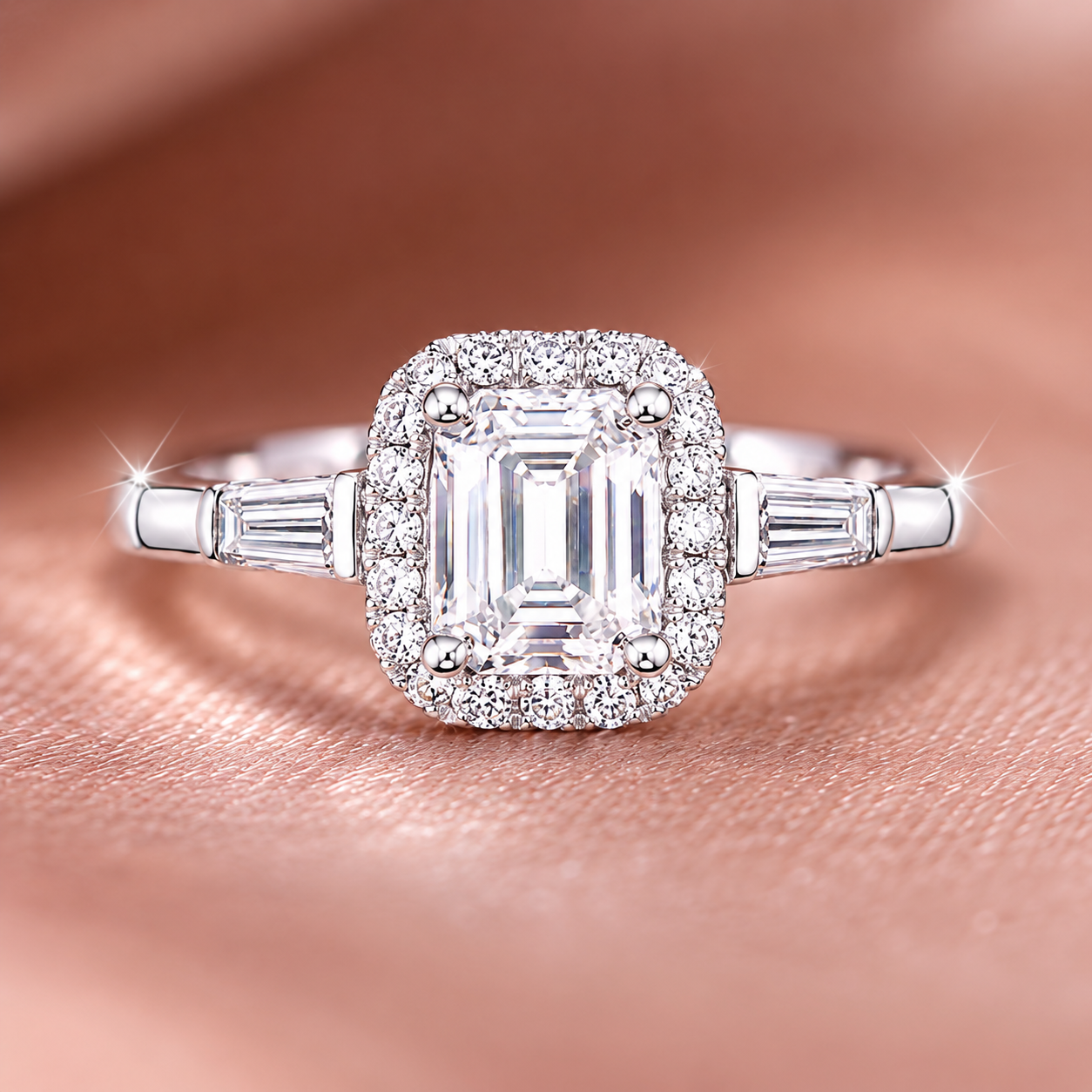 Regal Emerald-Cut Halo Ring with Baguette Side Stones