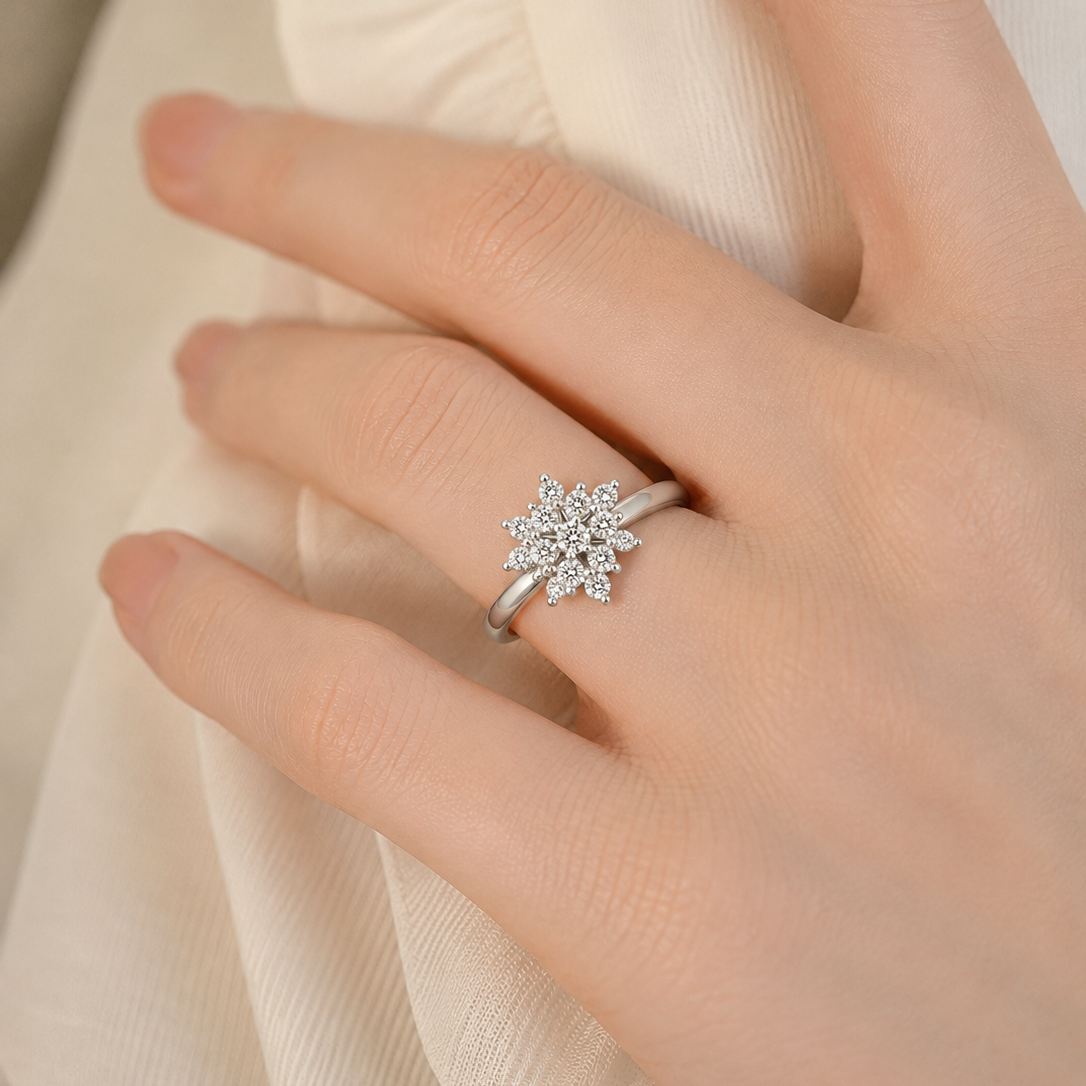 Sparkling Snowflake Cluster Silver Ring