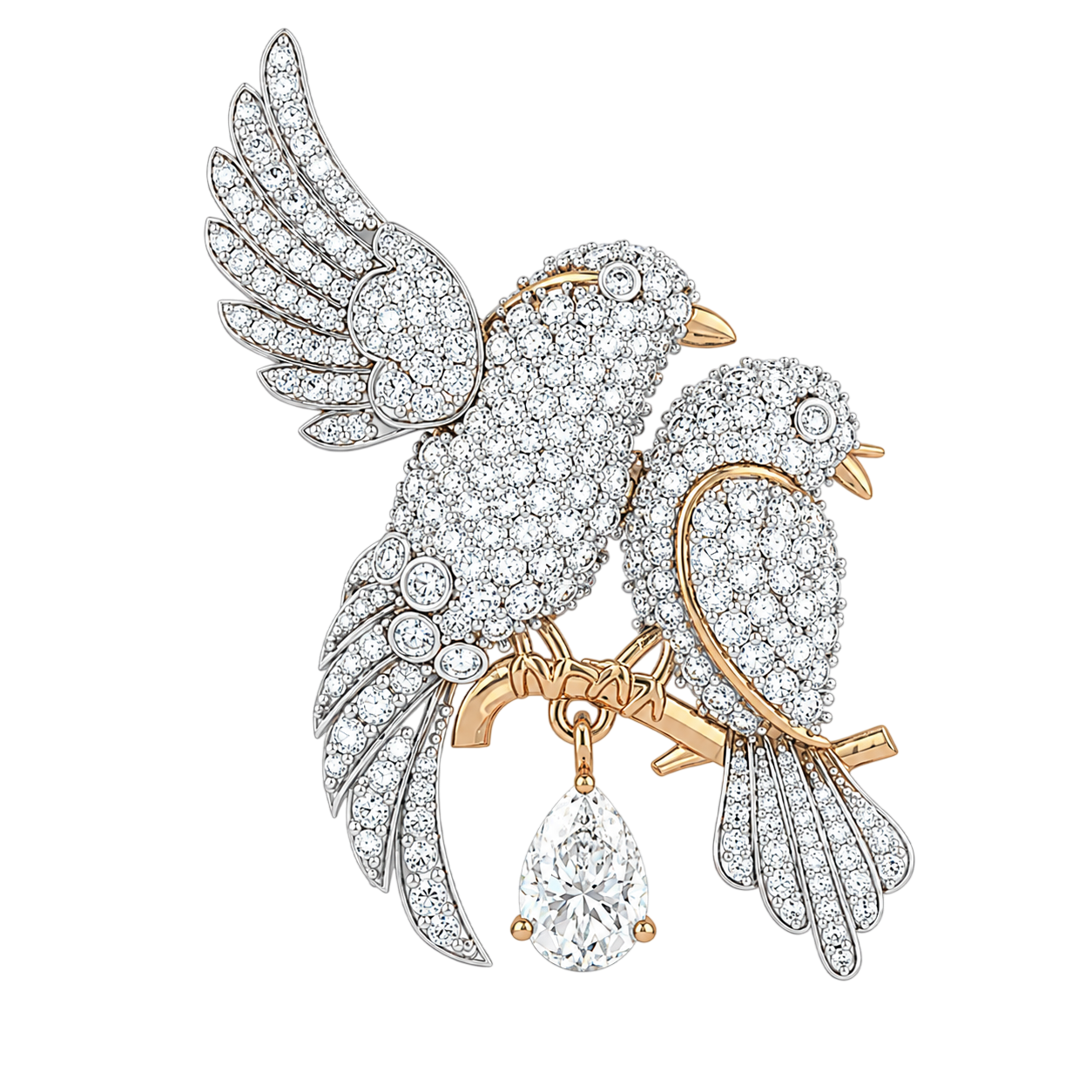 Enchanting Lovebirds Pavé Diamond and Rose Gold Brooch
