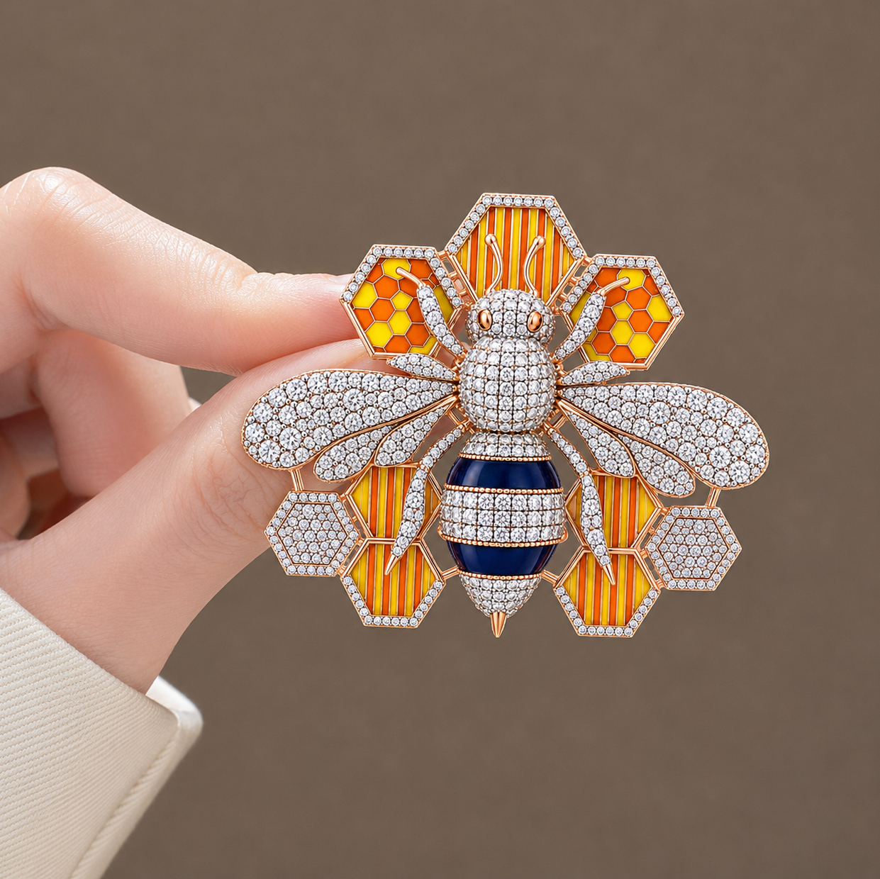 Luminous Diamond & Honeycomb Bee Statement Brooch