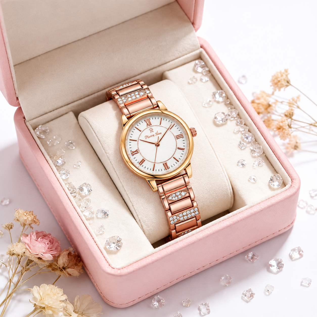 Piere Rene Elegant Rose Gold & Crystal Ladies Wristwatch