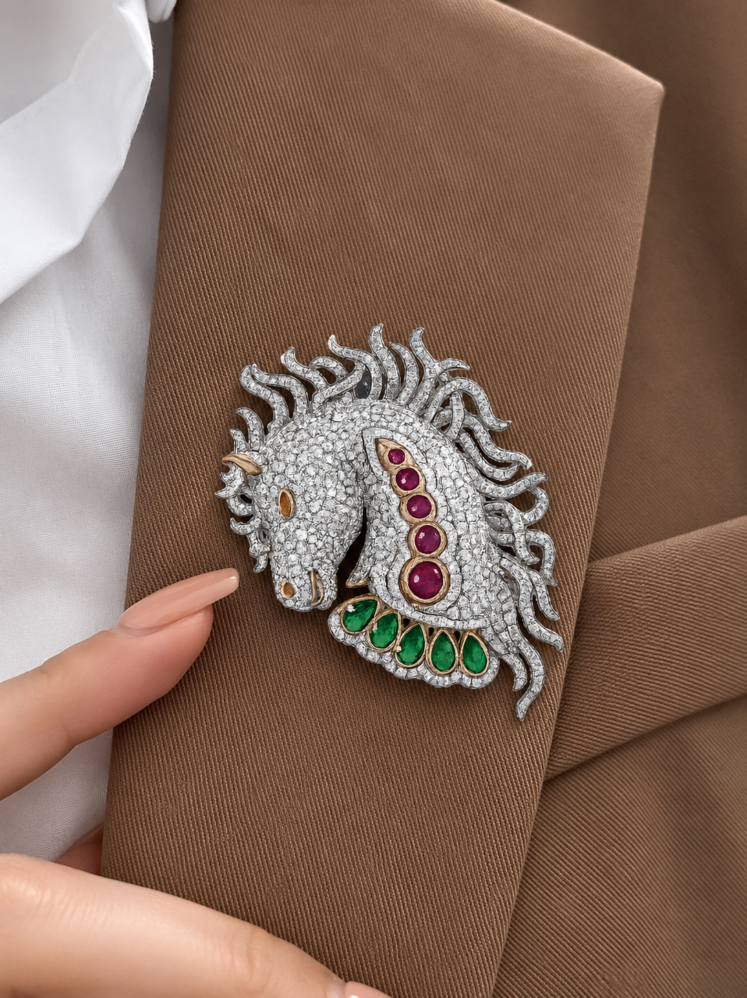 Majestic Pave-Diamond and Gemstone Stallion Brooch