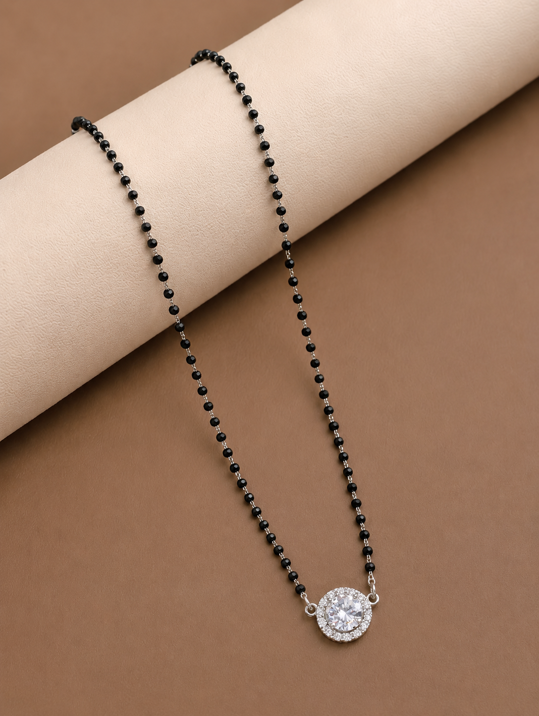 Radiant Solitaire Halo Black Bead Mangalsutra