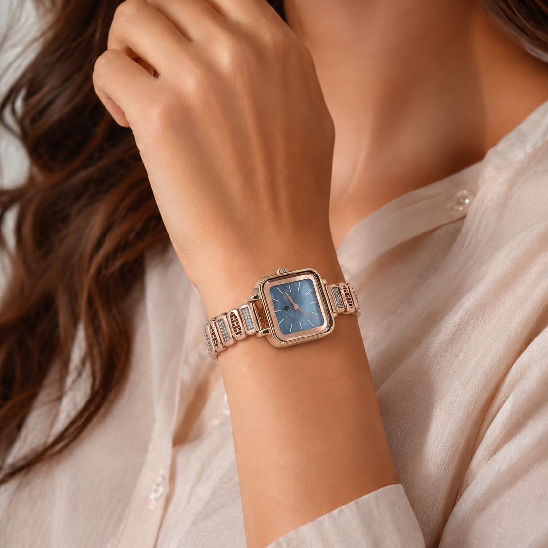 Blue Mother-of-Pearl Square-Case Crystal Ladies Wristwatch