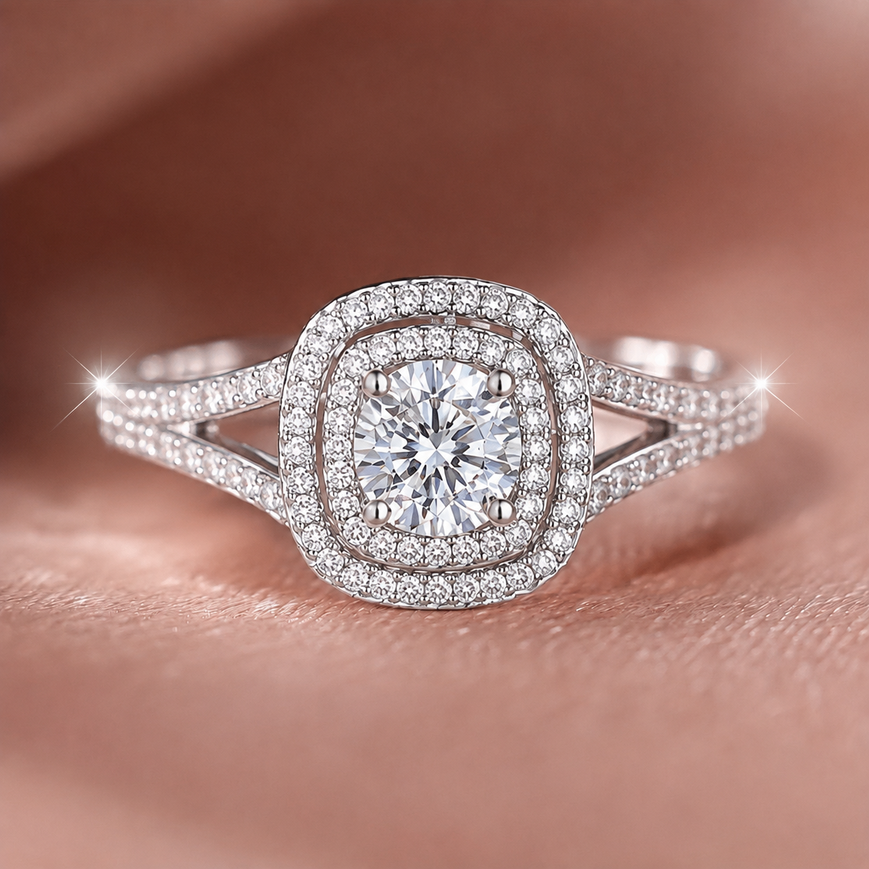 Magnificent Double-Halo Split-Shank Diamond Ring