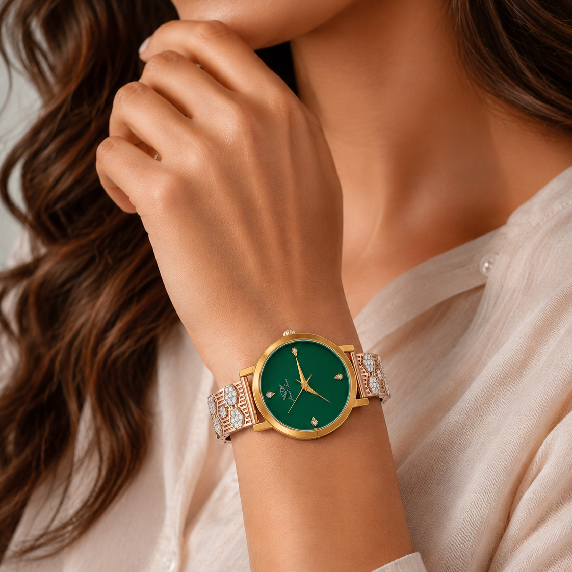Emerald-Green Dial Minimalist Crystal Ladies Wristwatch