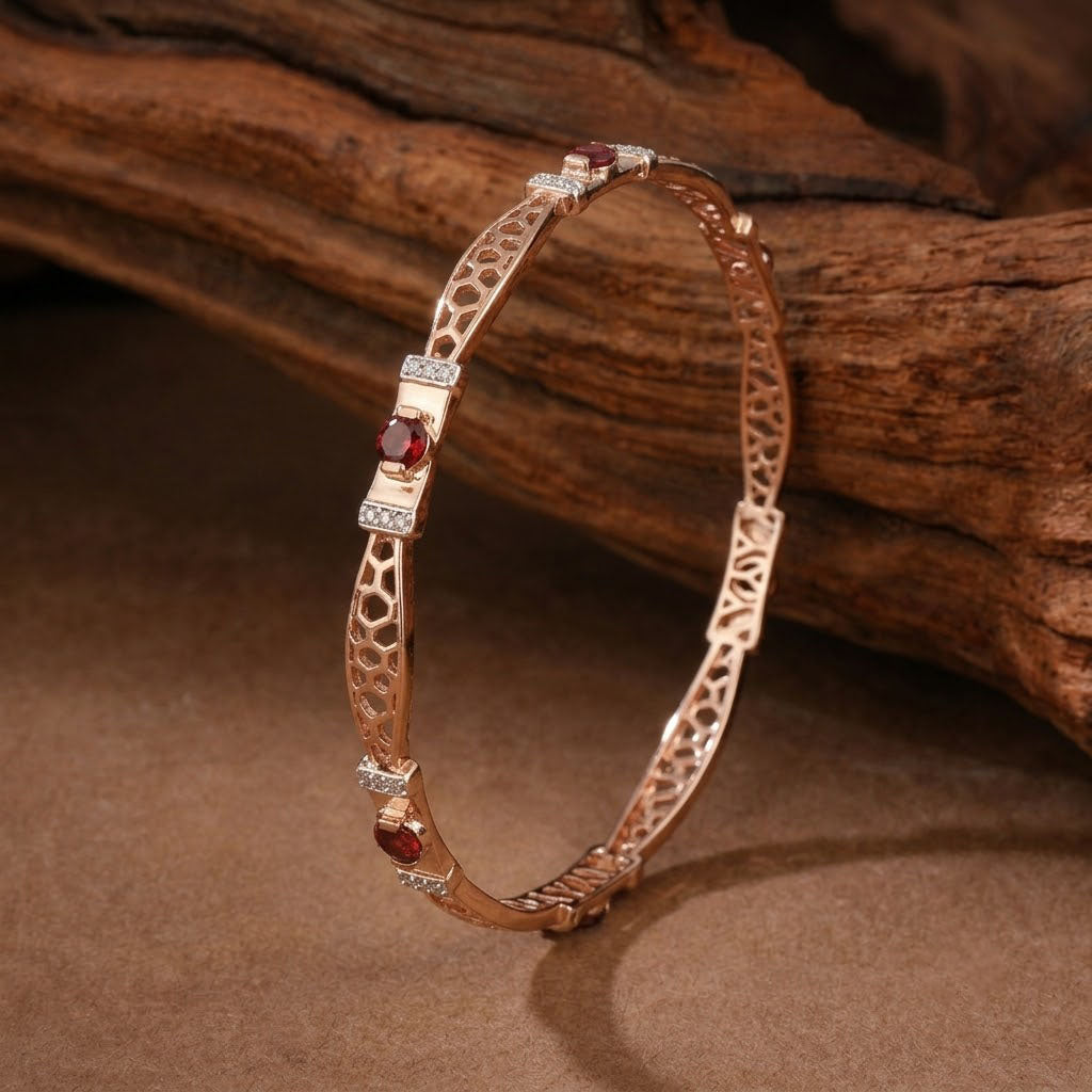 Ruby-Studded Floral Rose Gold Bangles