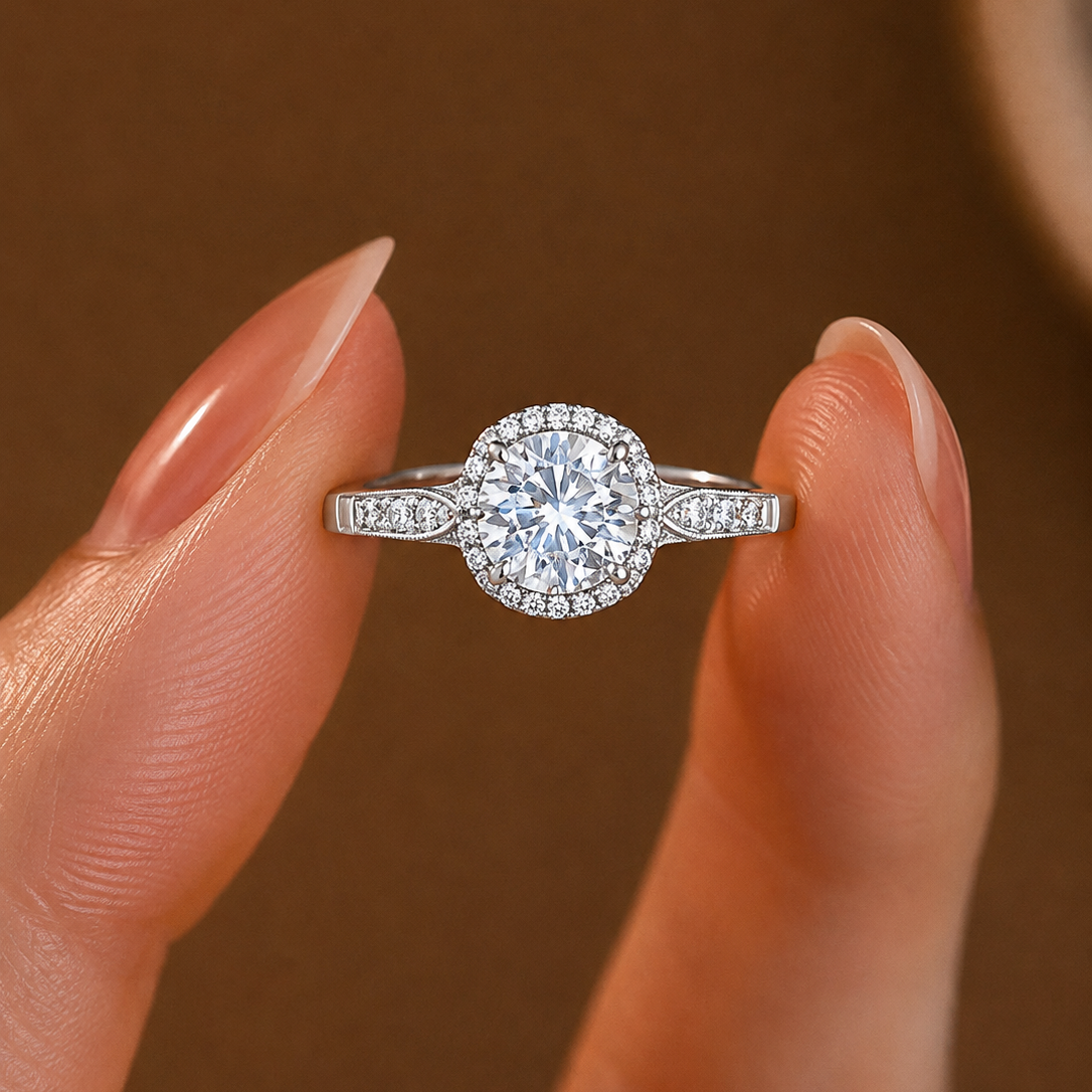 Halo Round Brilliant Diamond Engagement Ring with Pavé Accent Shoulders