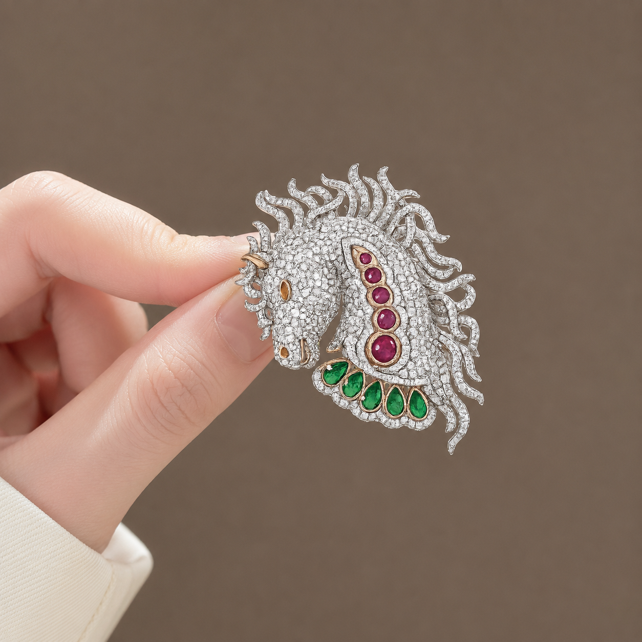 Majestic Pave-Diamond and Gemstone Stallion Brooch