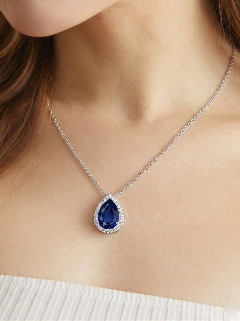 Royal Pear-Cut Sapphire Halo Necklace