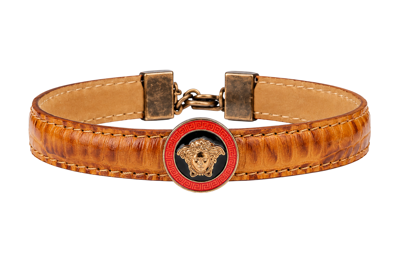 Refined Medusa-Emblem Leather Gents Bracelet