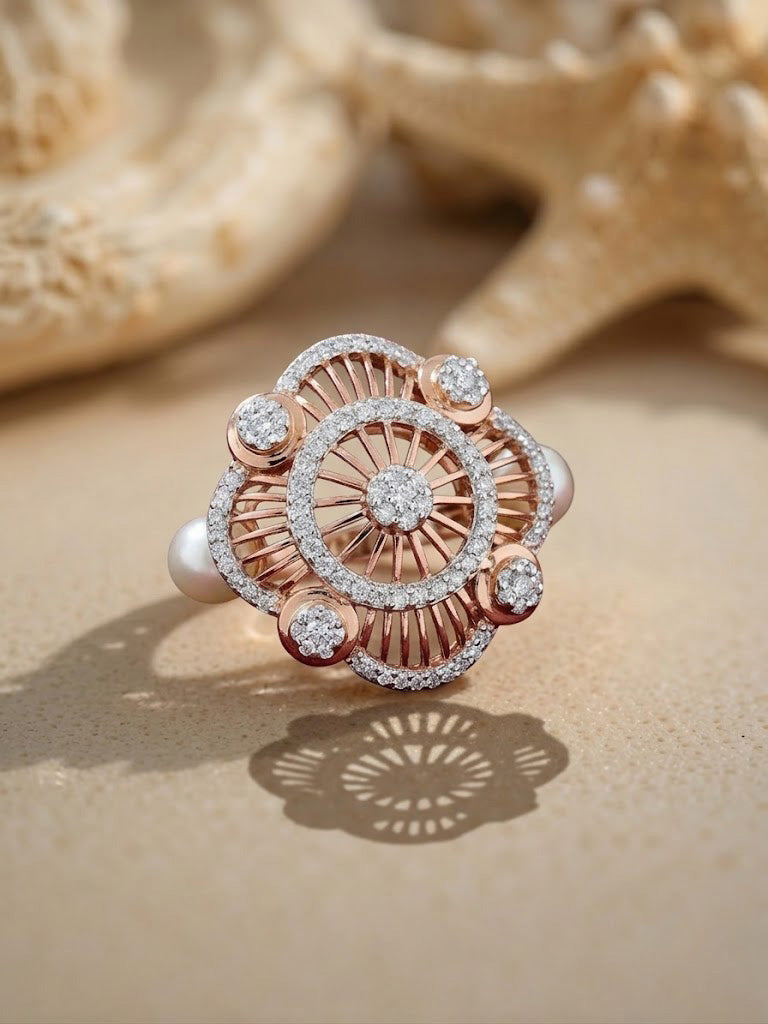 Intricate Wheel-Motif Pearl & Diamond Ring