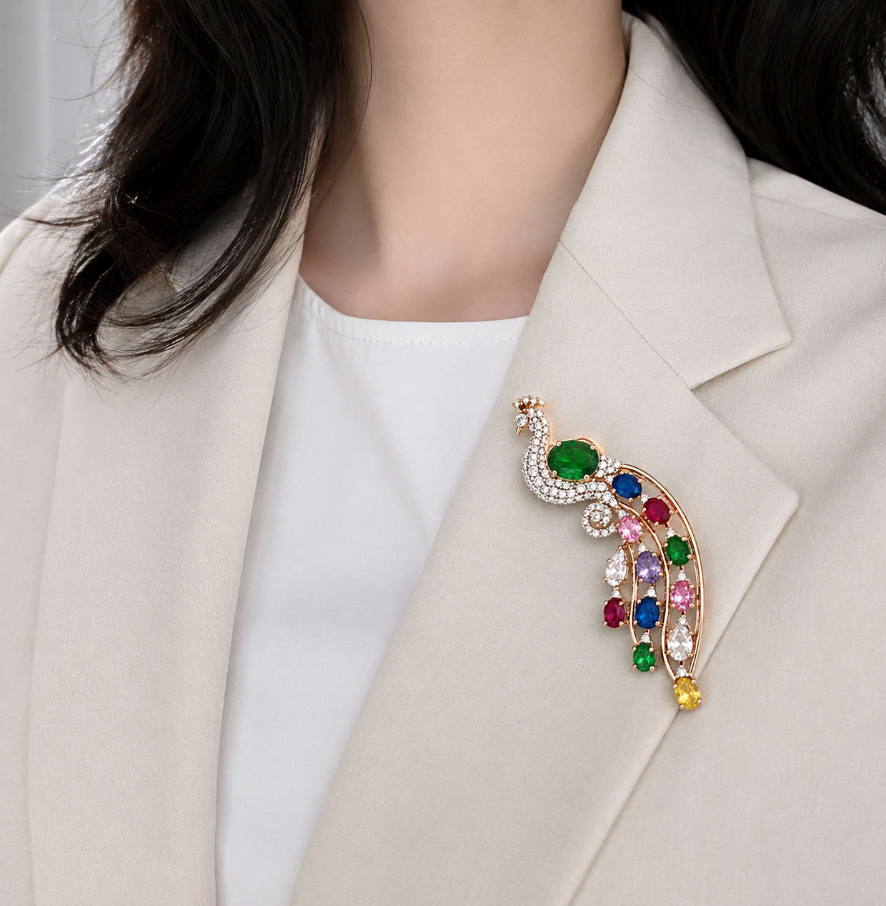 Majestic Multigemstone Peacock Brooch