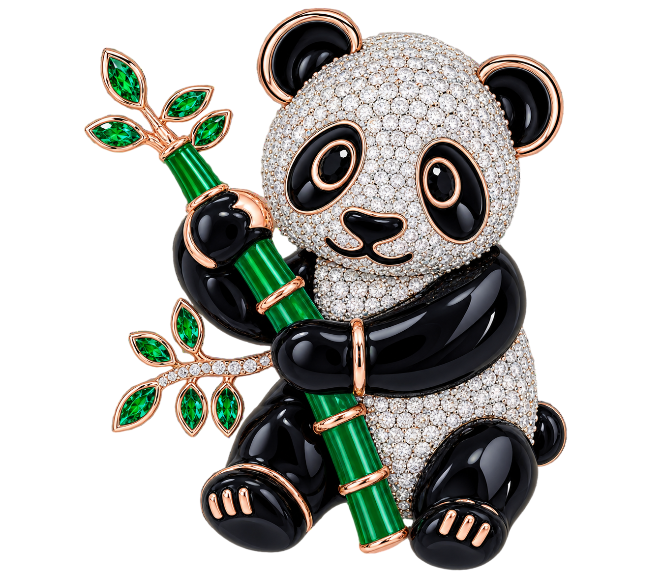Whimsical Diamond and Emerald Panda Brooch